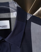 Burberry plaid long-sleeve shirt collar and placket with size label, navy check