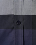 Burberry plaid shirt close-up of stitched placket and dark button on navy check