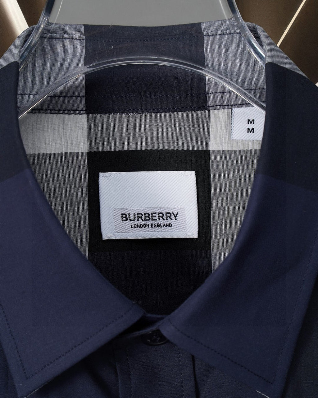 Burberry plaid long-sleeve shirt with BURBERRY logo patch at chest and button placket