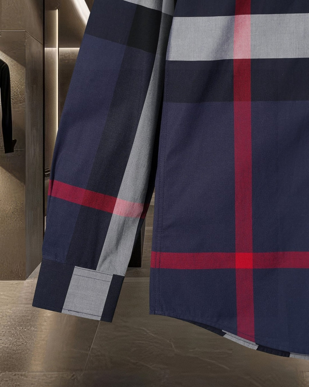 Burberry plaid long-sleeve shirt with buttoned cuff and navy/gray/white/red checks
