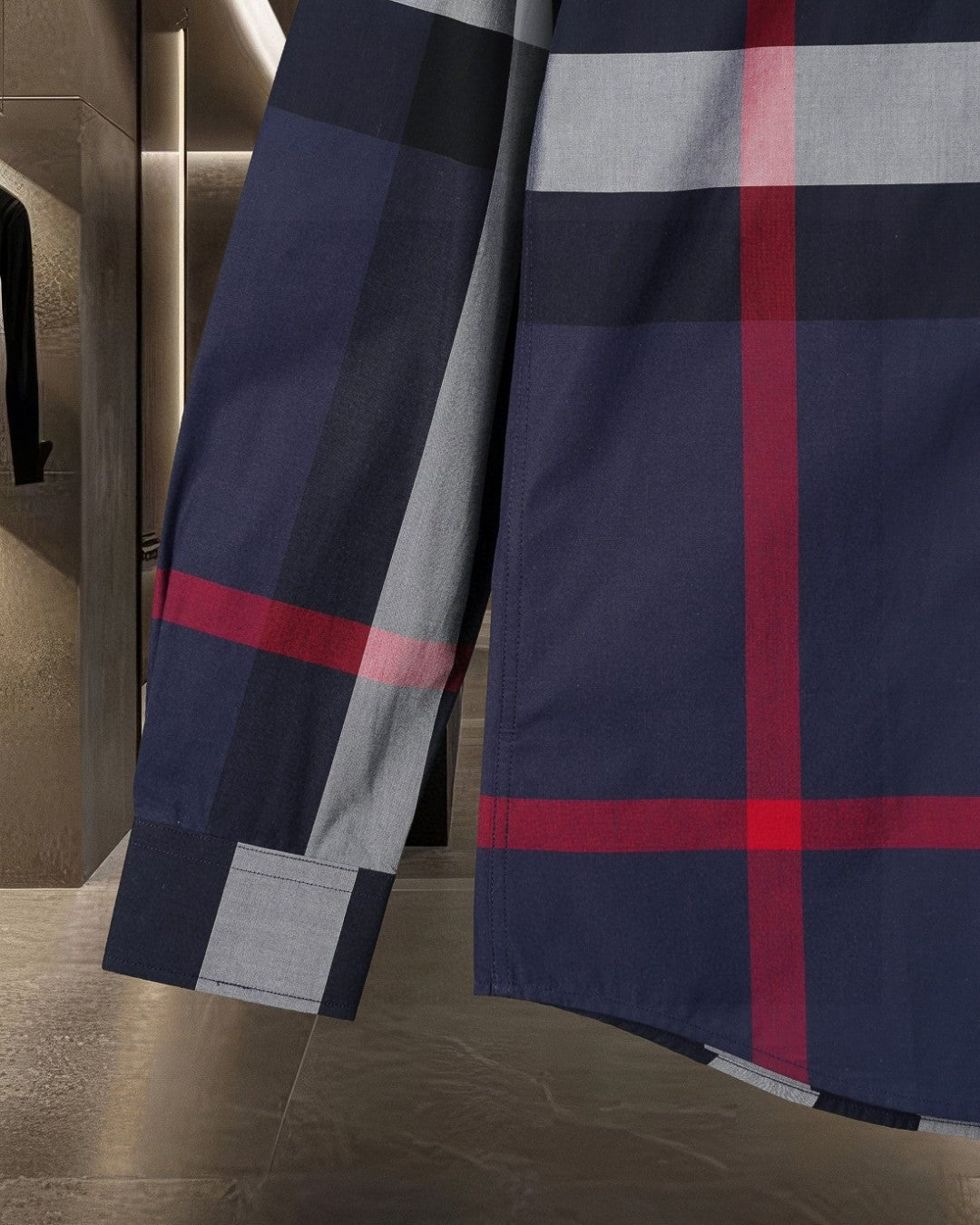 Burberry plaid long-sleeve shirt with buttoned cuff and navy/gray/white/red checks