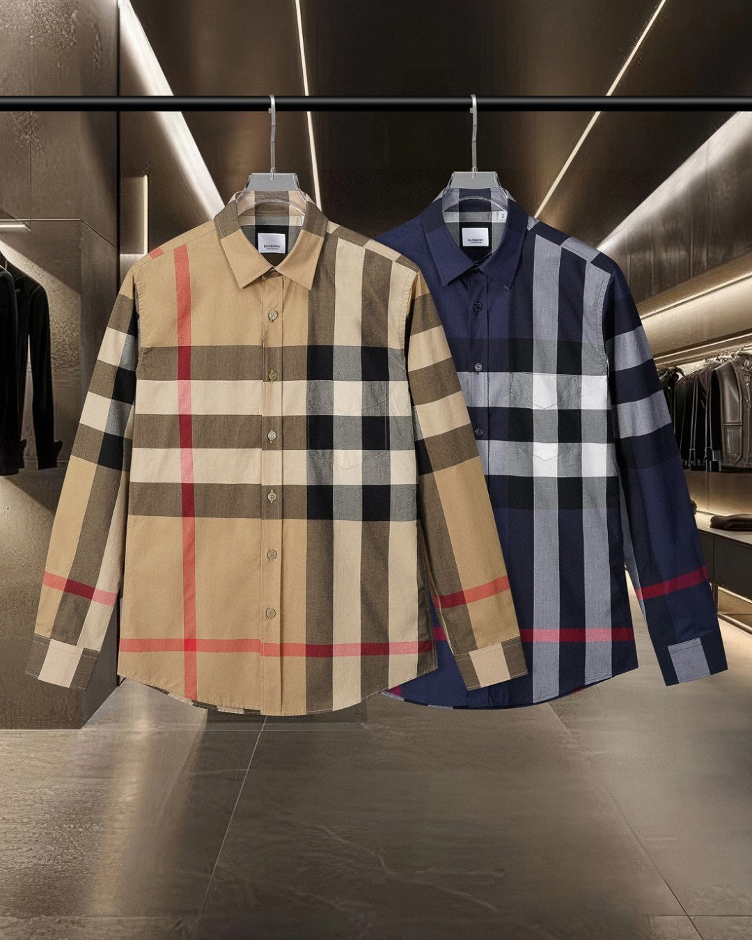 Two Burberry long check shirts: beige plaid with red/black, and navy plaid