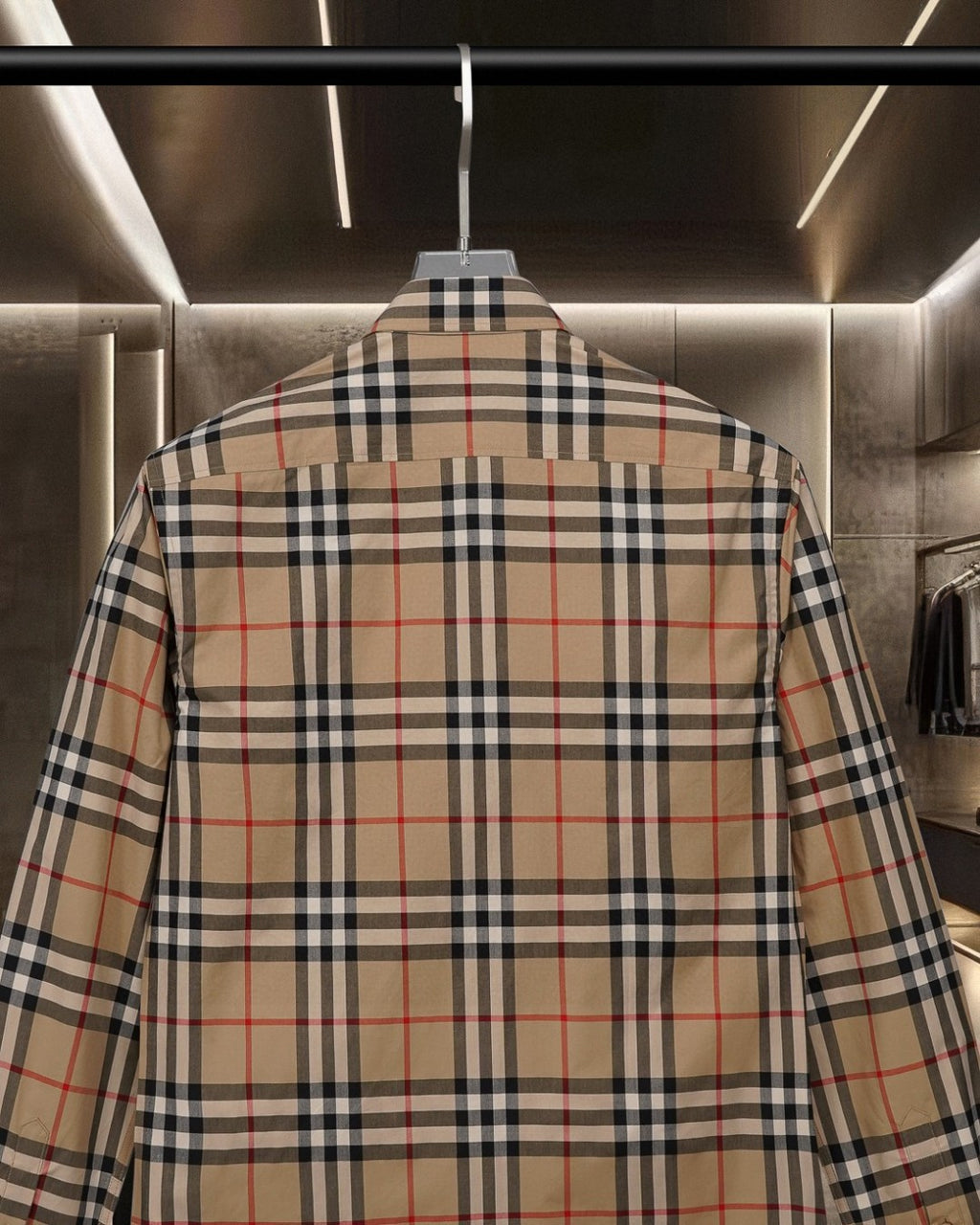 Long-sleeve plaid button-up shirt back view with plaid yoke