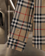 Burberry long plaid shirt with button front, beige black red stripes