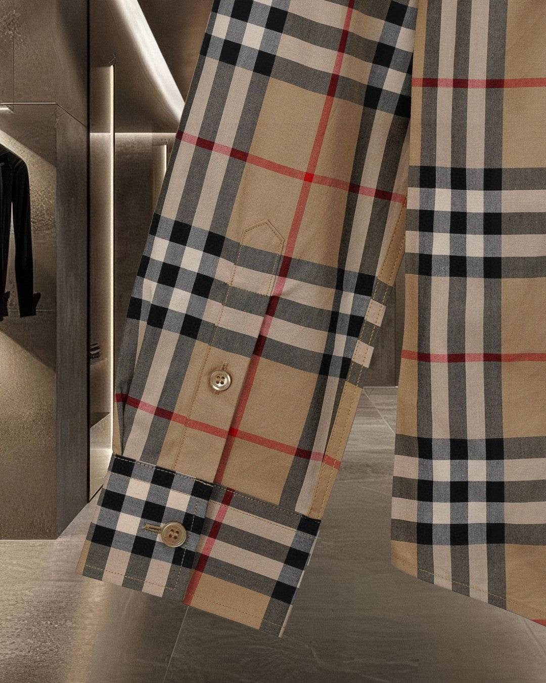 Burberry long plaid shirt with button front, beige black red stripes