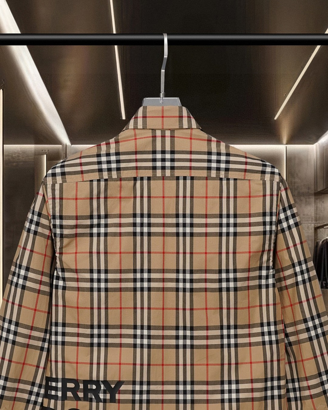 Burberry plaid button-up shirt, back yoke and check pattern