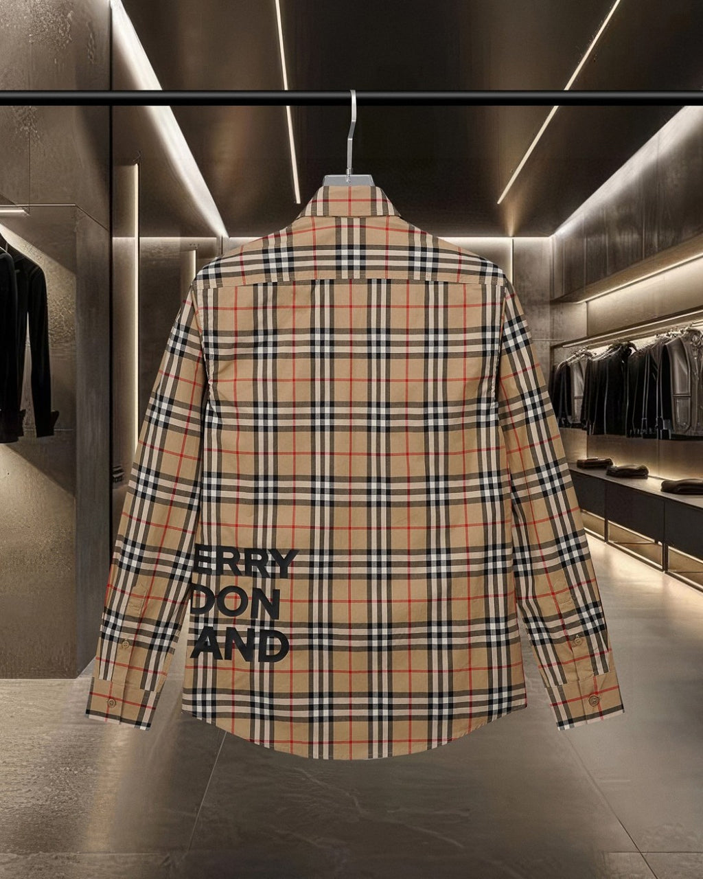 Burberry plaid button-up shirt back view, button-front and check pattern