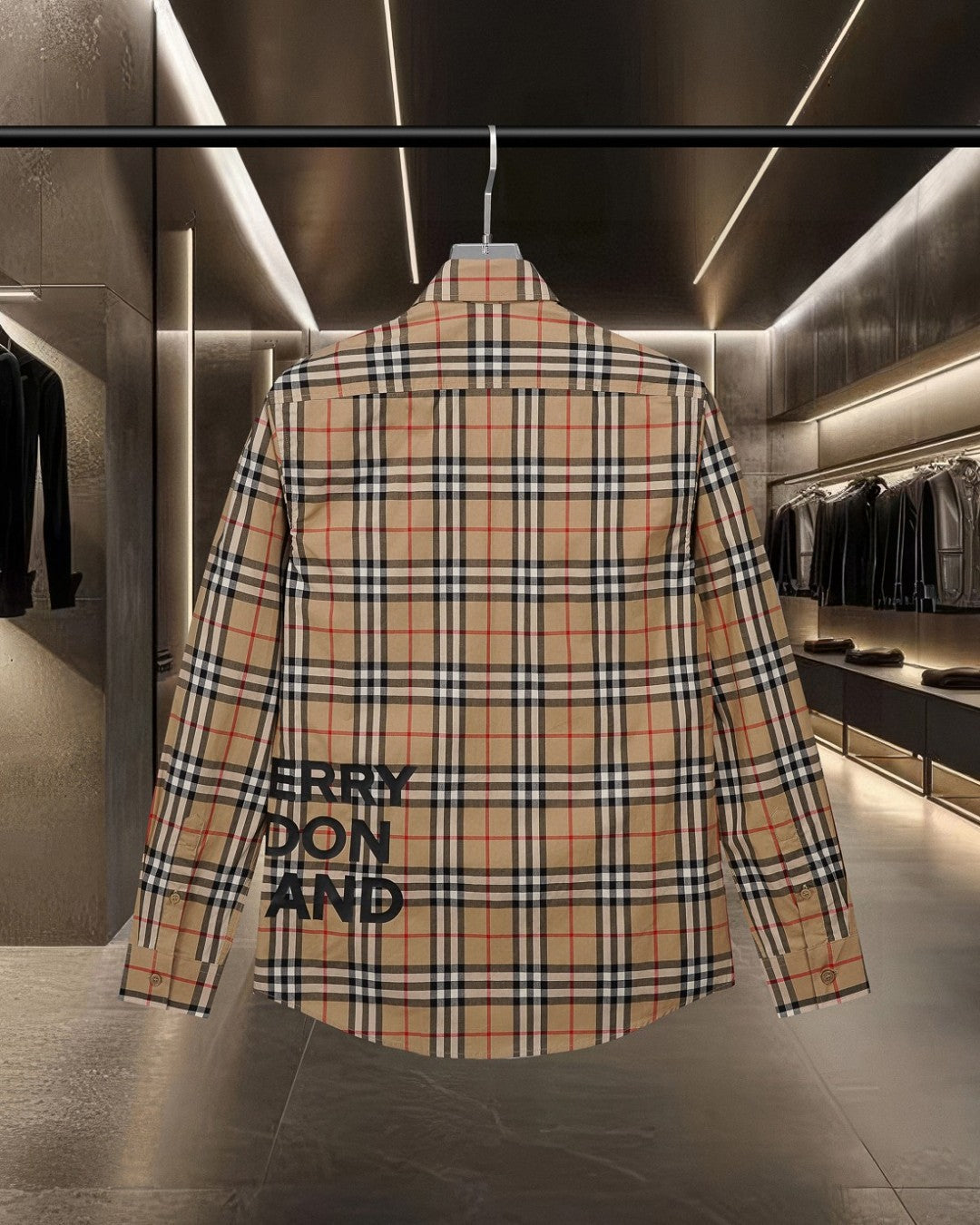 Burberry plaid button-up shirt back view, button-front and check pattern