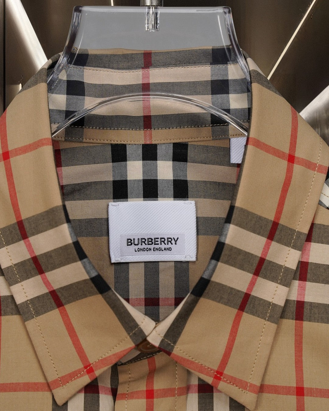 Burberry plaid button-up shirt collar with interior brand label