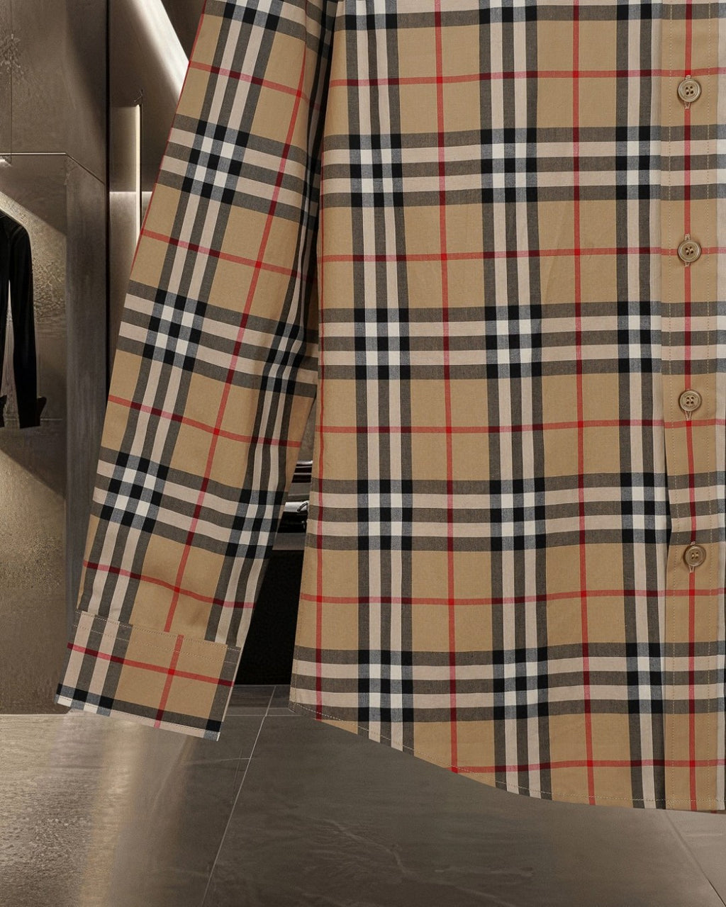 Burberry long plaid coat with buttoned front and cuff