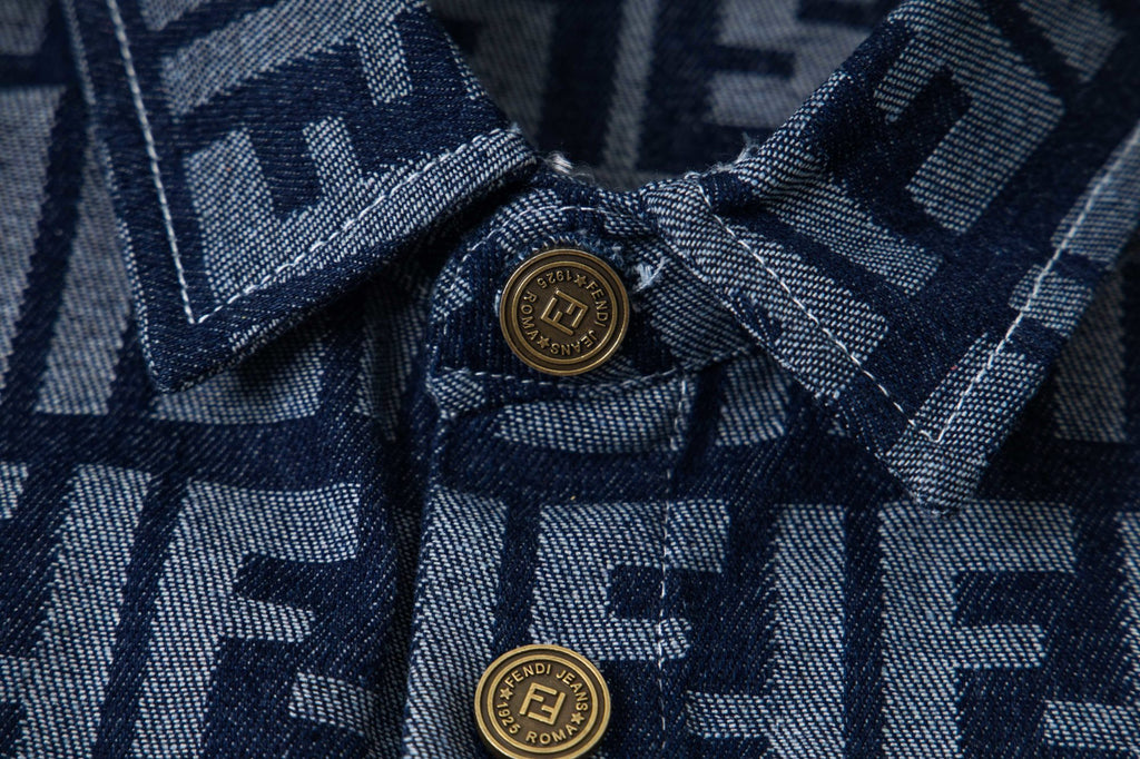 Fendi long-sleeve shirt front with gold logo buttons on FF monogram fabric