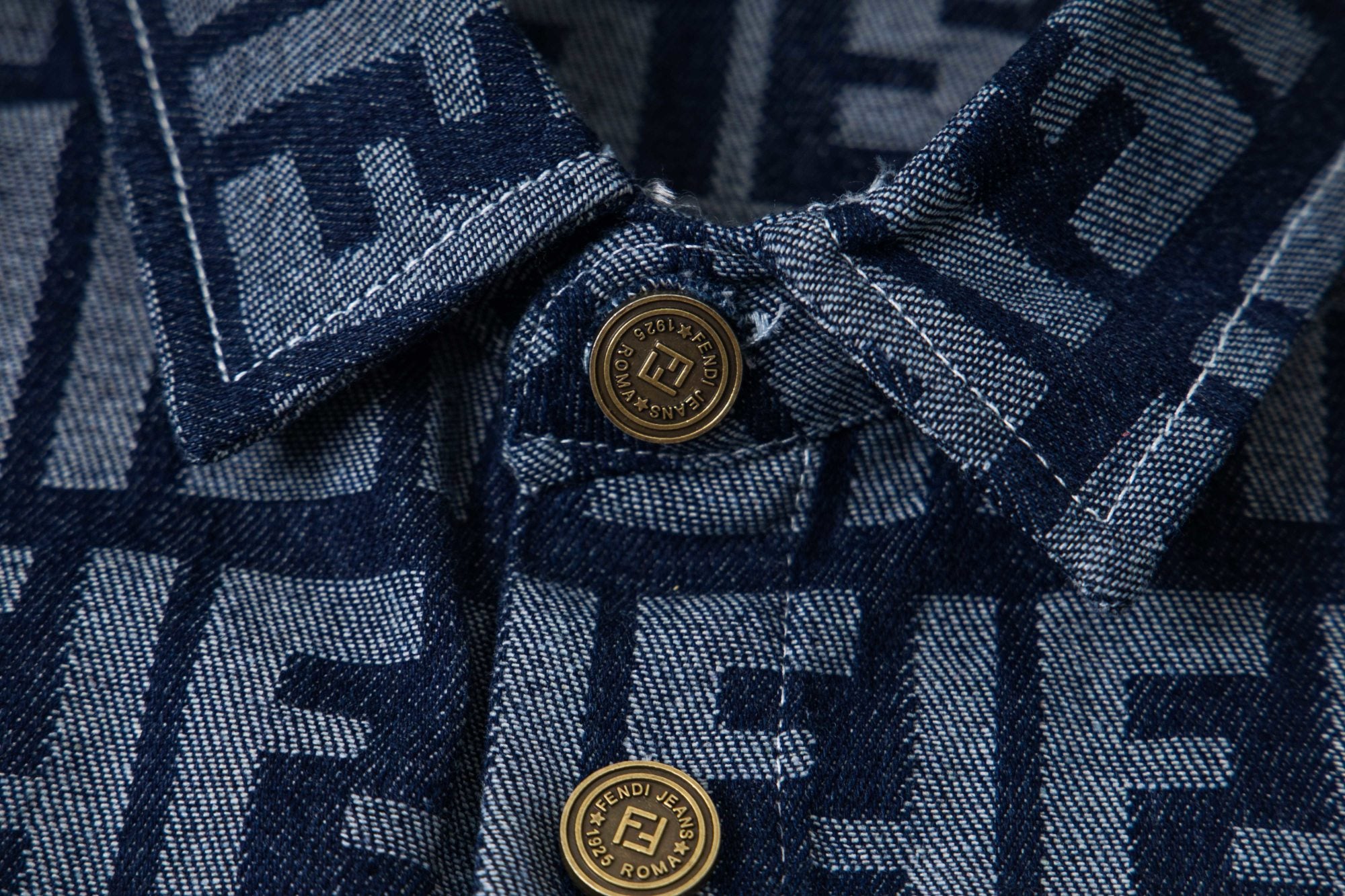 Fendi long-sleeve shirt front with gold logo buttons on FF monogram fabric