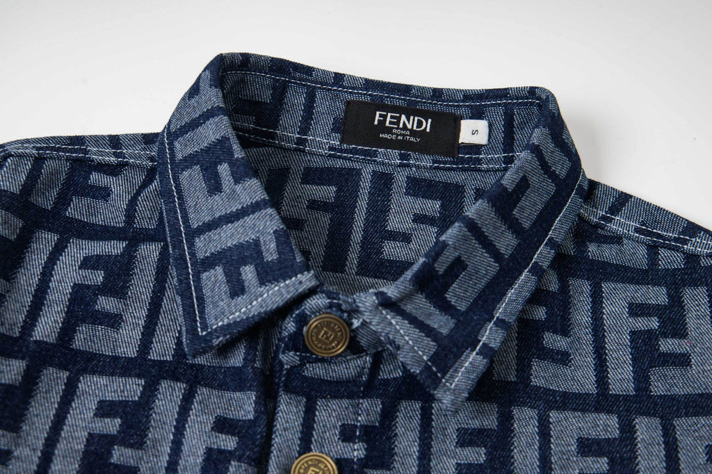 Fendi long-sleeve shirt collar in navy and light blue FF monogram fabric