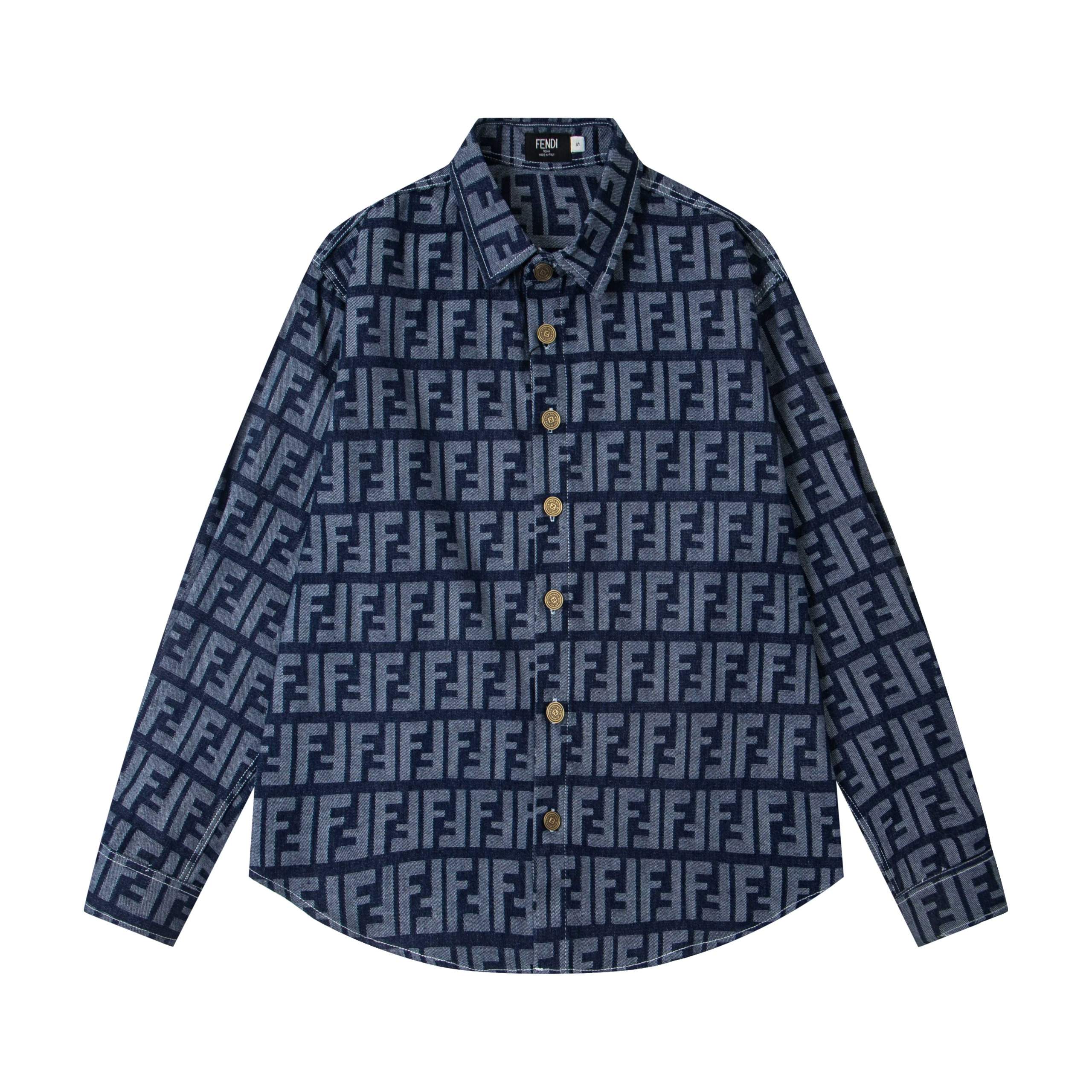 Fendi long-sleeve shirt in navy and light blue FF monogram pattern