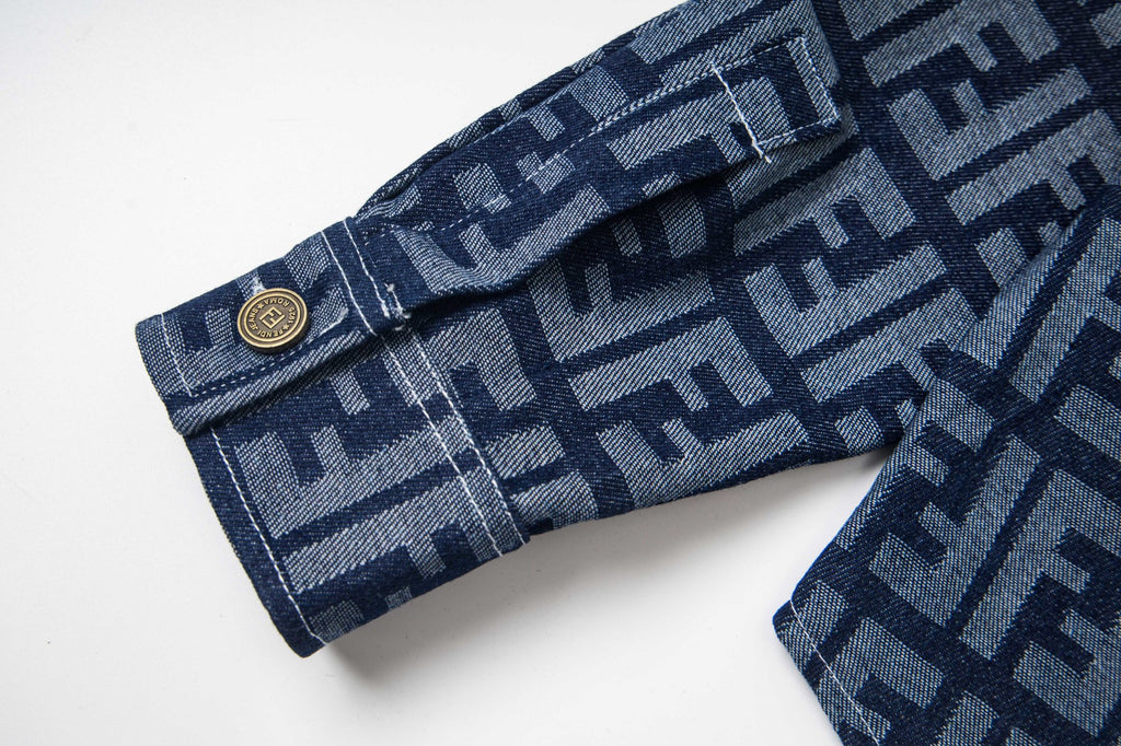 Fendi long-sleeve shirt cuff with gold button on FF monogram fabric, navy and blue