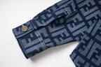 Fendi long-sleeve shirt cuff with gold button on FF monogram fabric, navy and blue