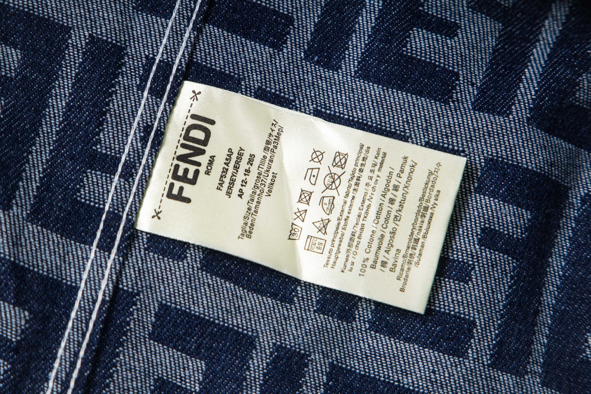 Fendi long-sleeve shirt care label on FF monogram fabric, navy and blue