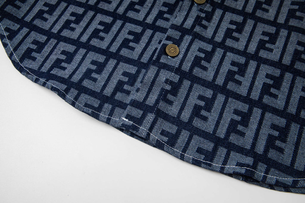 Fendi long-sleeve shirt curved hem with FF monogram pattern, navy and blue