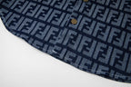 Fendi long-sleeve shirt curved hem with FF monogram pattern, navy and blue