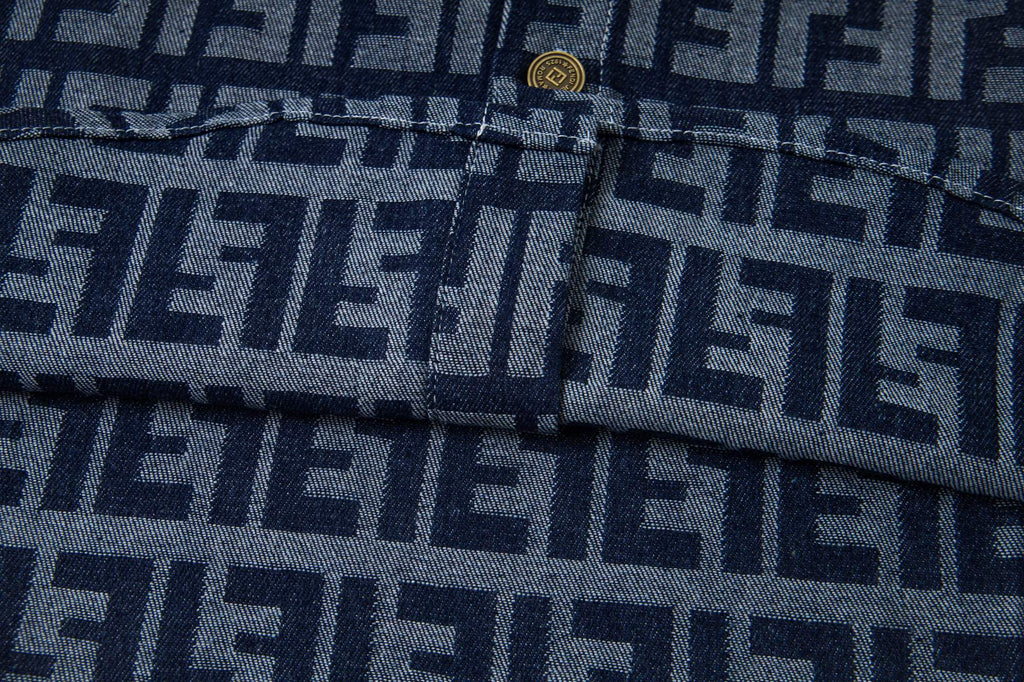 Fendi long-sleeve shirt seam detail on navy and light blue FF monogram fabric