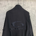 Black Balenciaga zip-up jacket back with large oval logo and BALENCIAGA lettering.