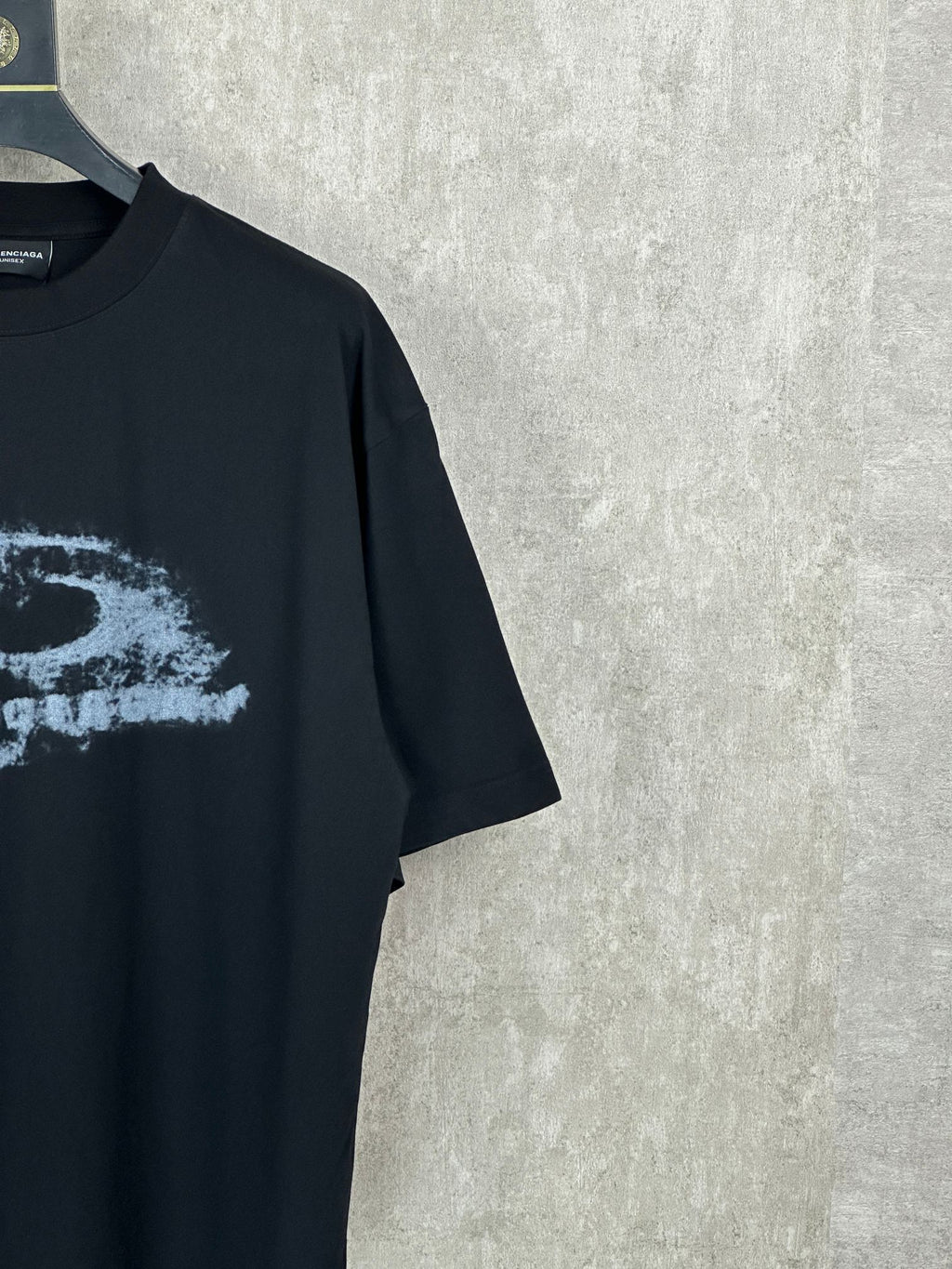 Balenciaga short-sleeve T-shirt, black with distressed logo print near left chest