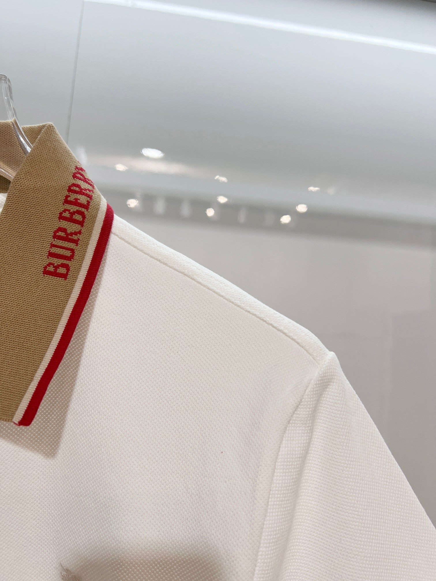 Burberry polo shirt shoulder close-up with brown collar panel and red stripe