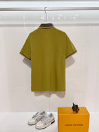 Back view short-sleeve polo shirt in olive green with contrast dark collar trim