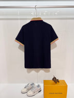 Navy Burberry short-sleeve polo shirt, back view with striped collar