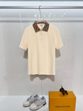 Cream short-sleeve polo shirt with button placket and check collar