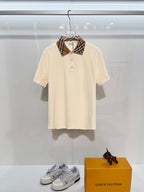 Cream short-sleeve polo shirt with button placket and check collar