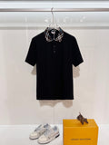 Black short-sleeve polo shirt with plaid pointed collar and button placket