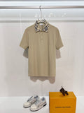 Beige short-sleeve polo shirt with checkered collar and button placket