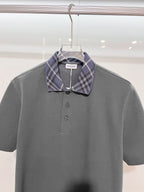 Mens short-sleeve polo shirt in dark gray with plaid point collar