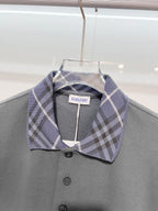 Mens polo shirt in dark gray with plaid collar and buttoned front