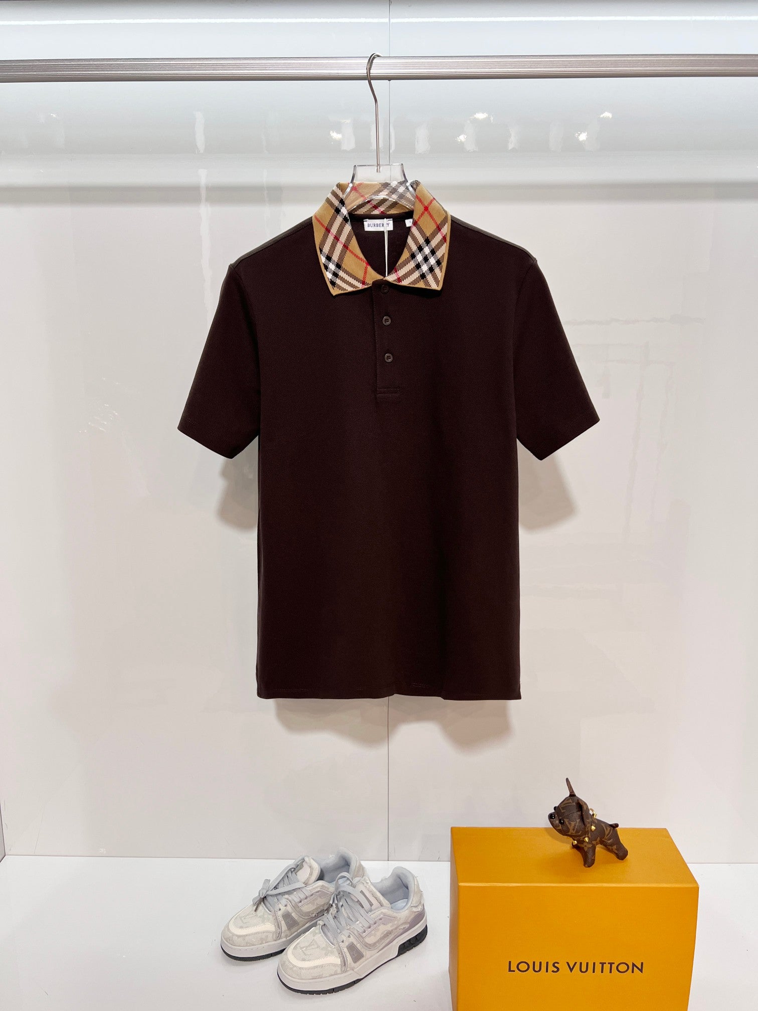 Burberry short-sleeve polo shirt, dark brown with tartan check collar and buttons