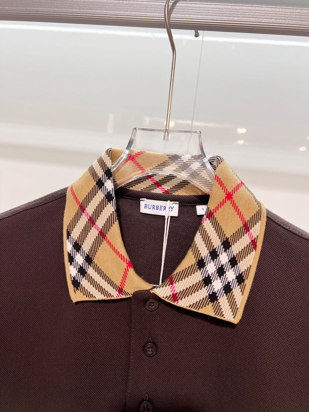 Burberry short-sleeve polo shirt, dark brown with tartan check point collar