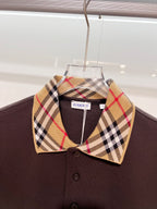 Burberry short-sleeve polo shirt, dark brown with tartan check point collar