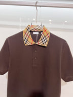 Burberry short-sleeve polo shirt, dark brown front with tartan check point collar