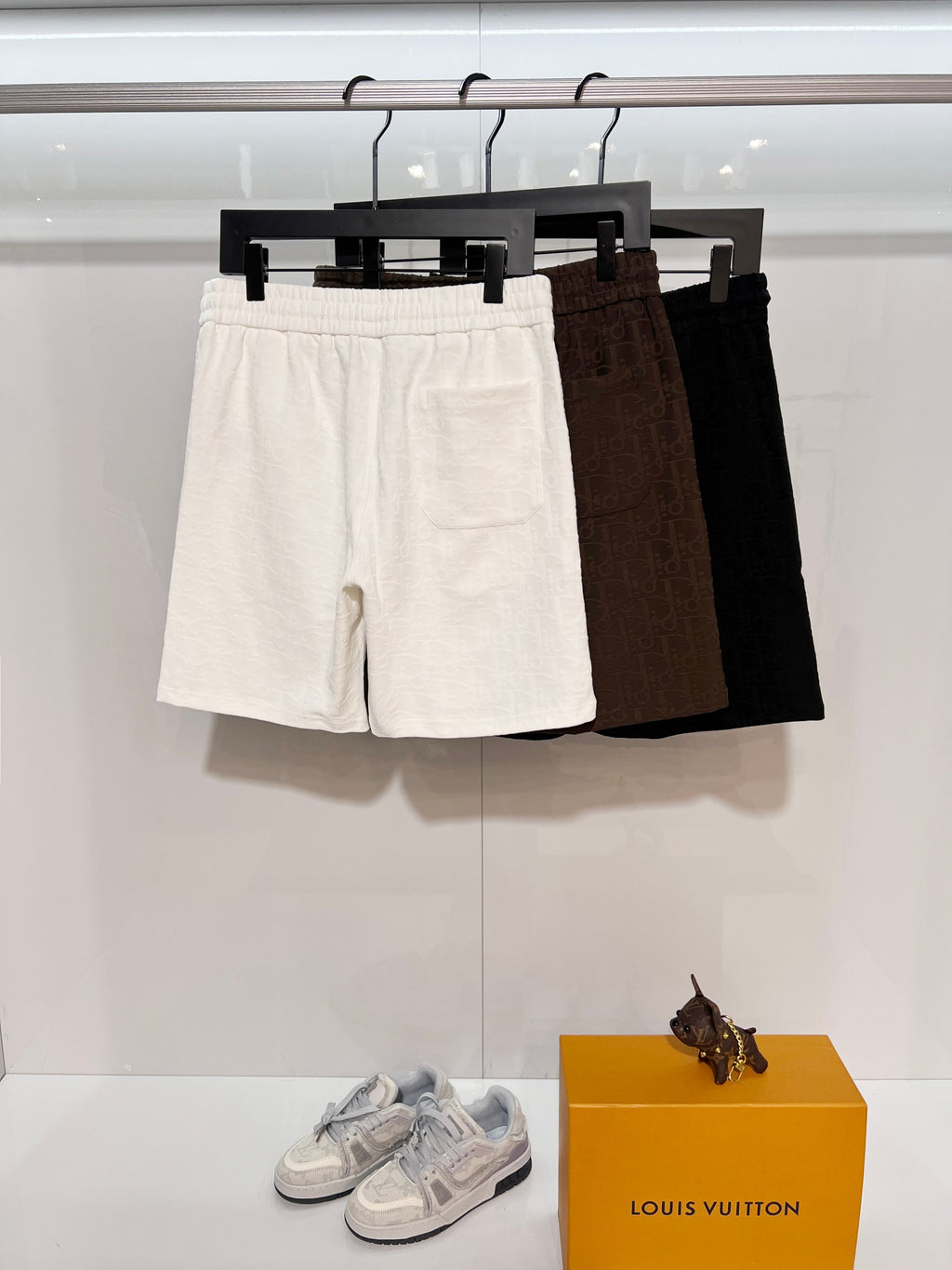 Dior pants set of three drawstring shorts: white, brown, and black