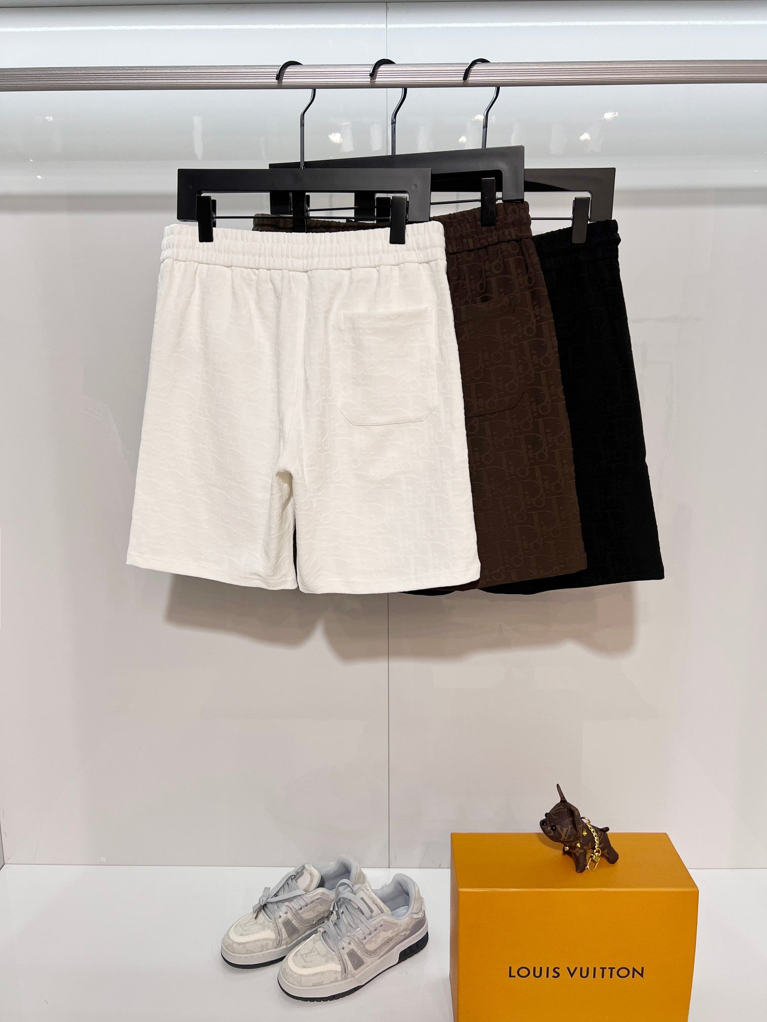 Dior pants set of three drawstring shorts: white, brown, and black
