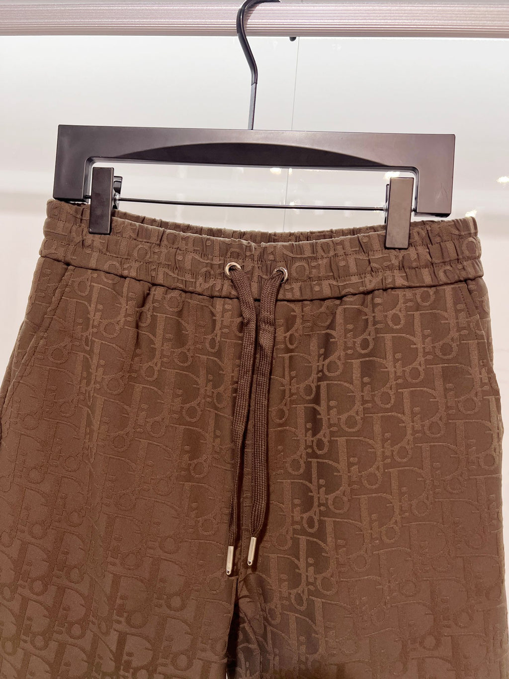 Dior logo-pattern drawstring shorts, brown elastic waistband and lace-up drawstring