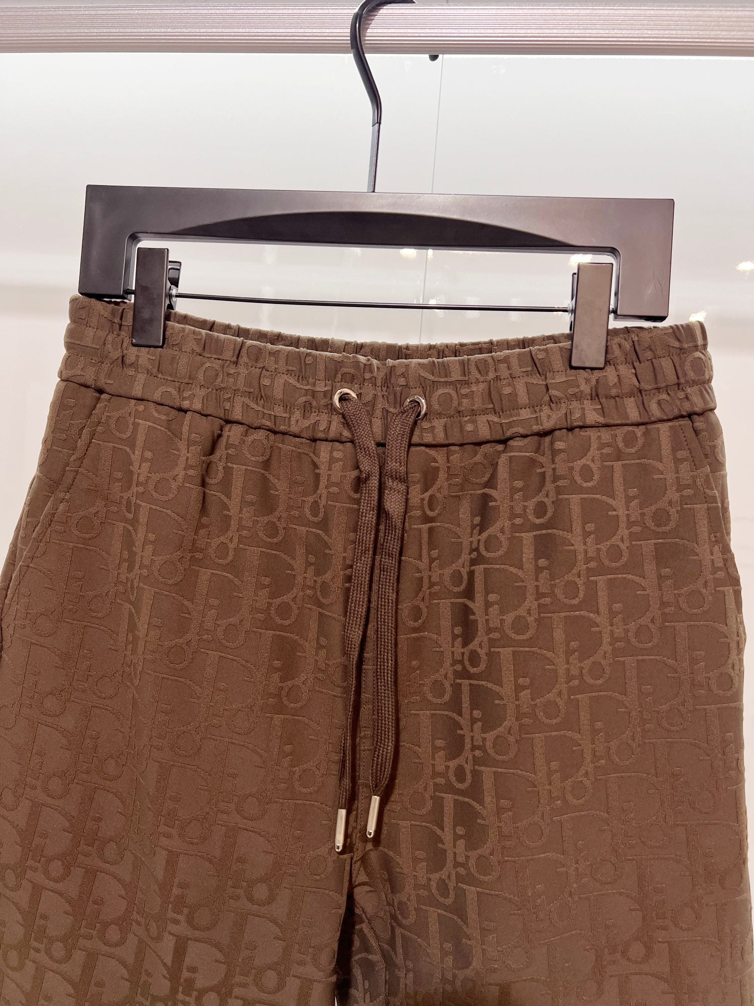 Dior logo-pattern drawstring shorts, brown elastic waistband and lace-up drawstring
