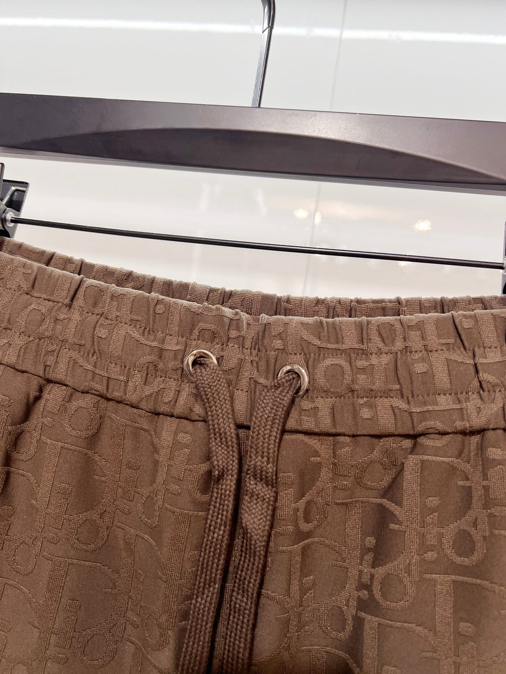 Dior logo-pattern drawstring shorts, brown waistband with drawstring eyelets