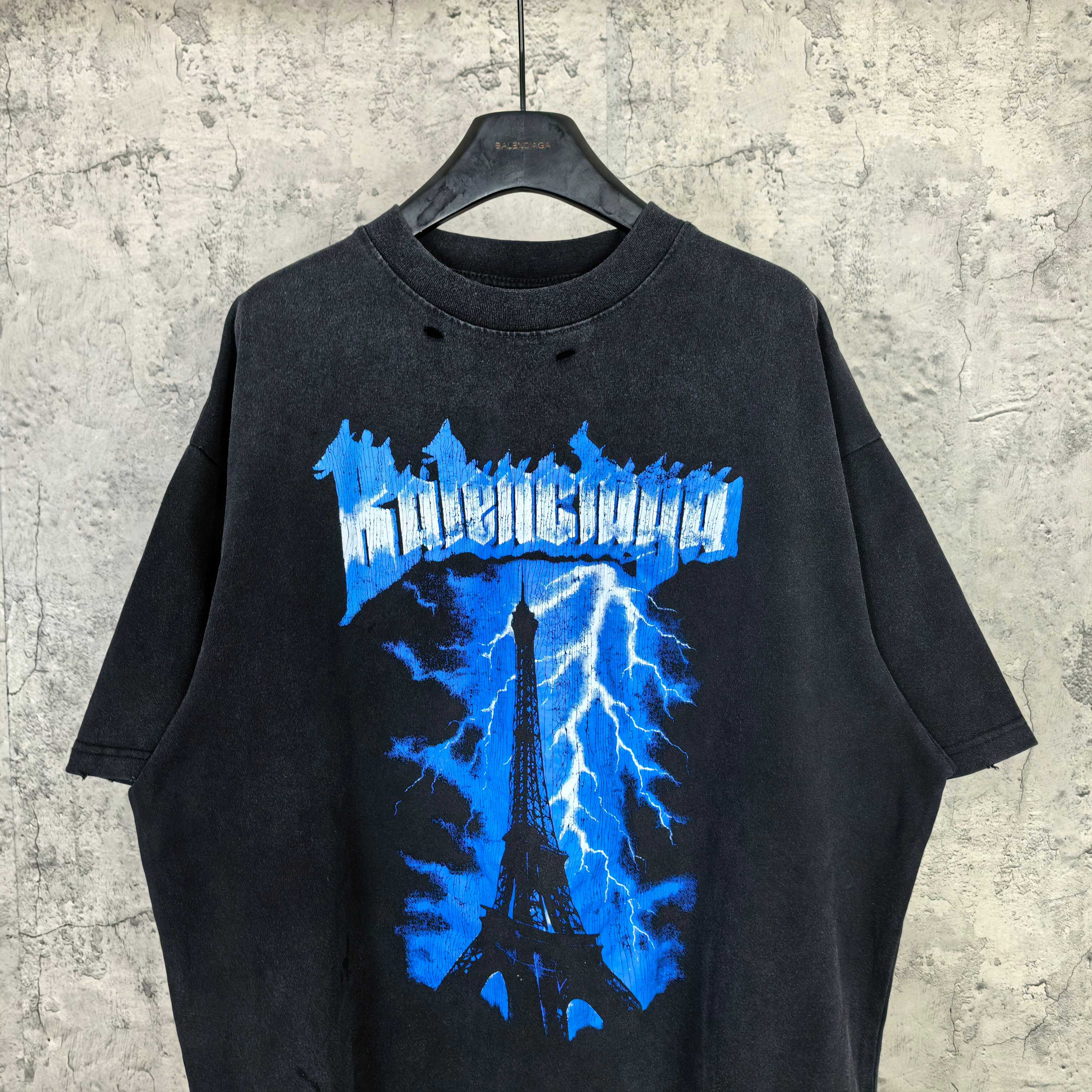 Balenciaga graphic T-shirt, dark crewneck with large blue Eiffel lightning front print