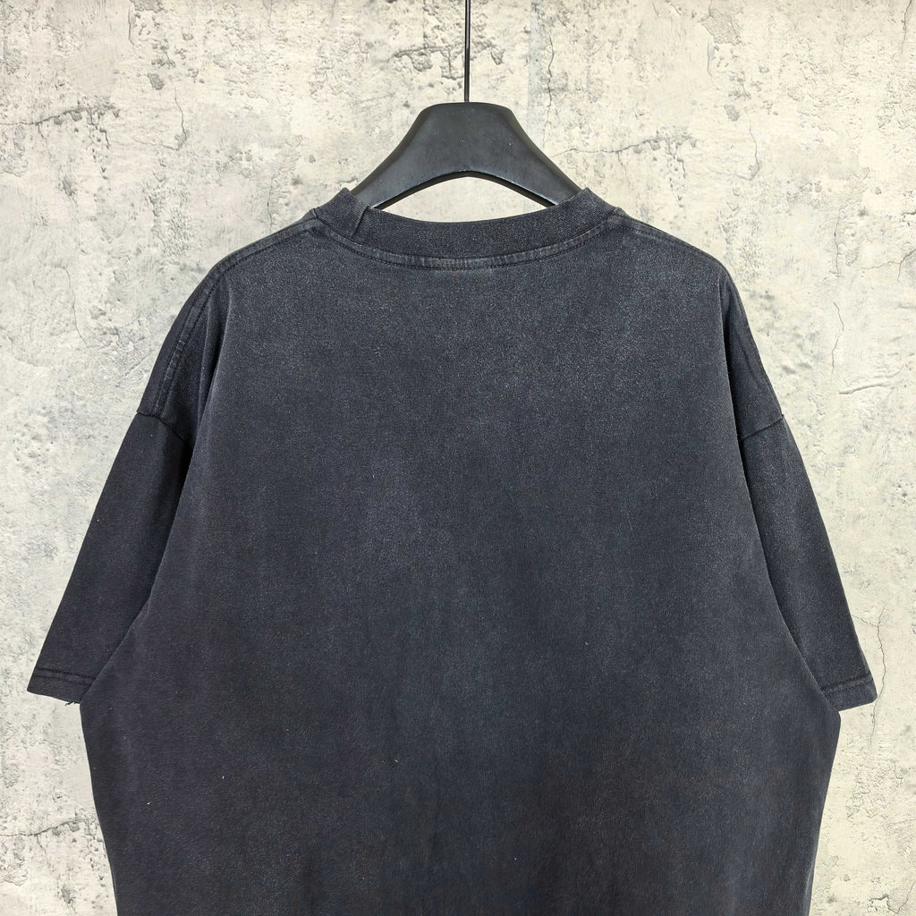 Balenciaga T-shirt, dark short-sleeve crewneck; plain back with neckline and seams visible