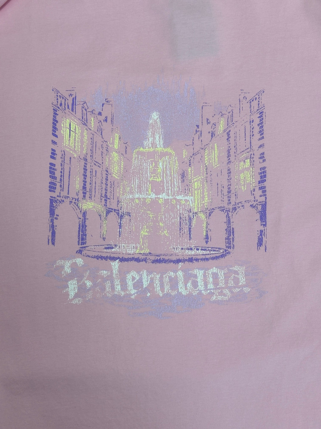 Balenciaga pink T-shirt front skyline graphic with multicolor print