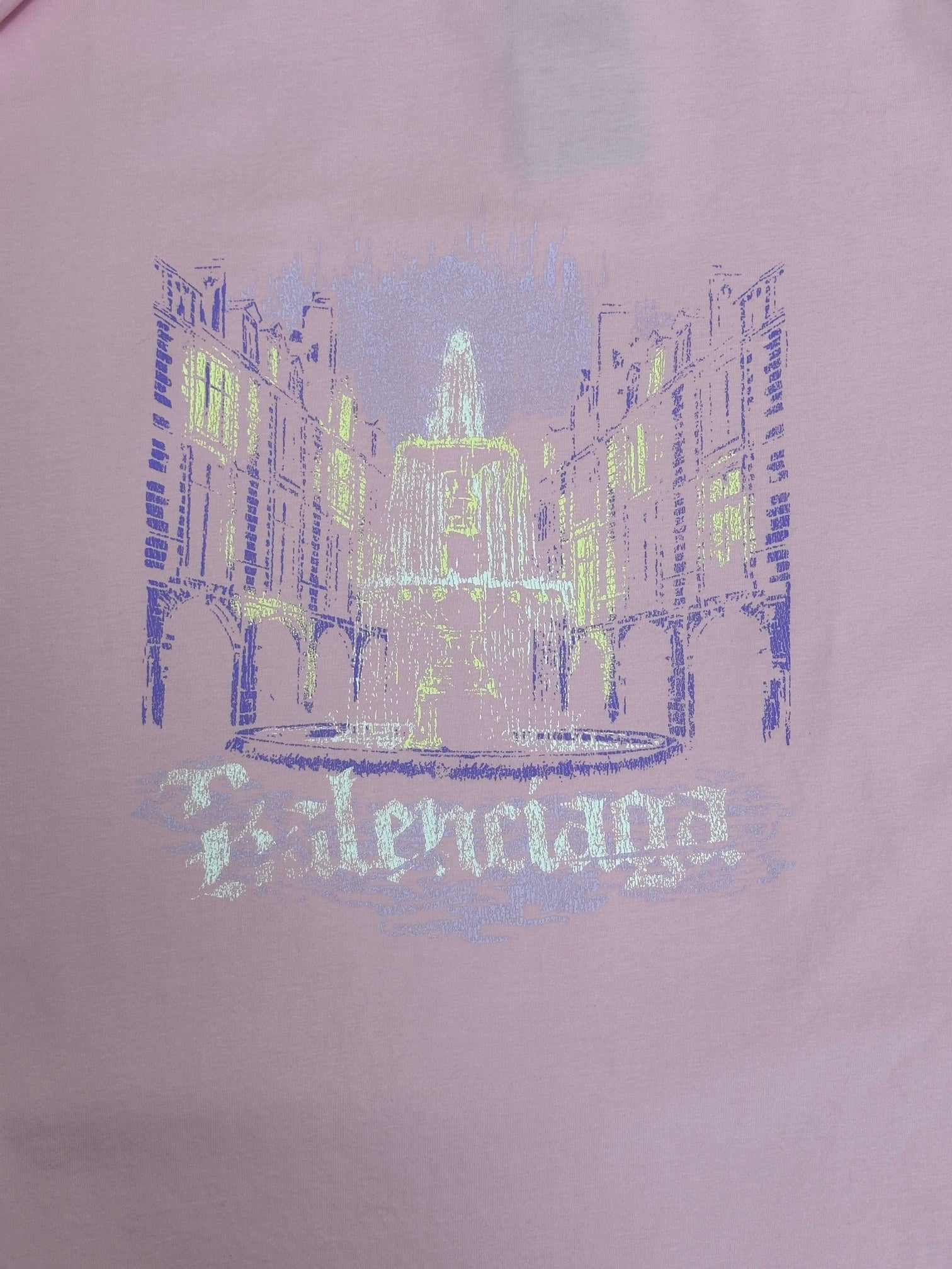 Balenciaga pink T-shirt front skyline graphic with multicolor print