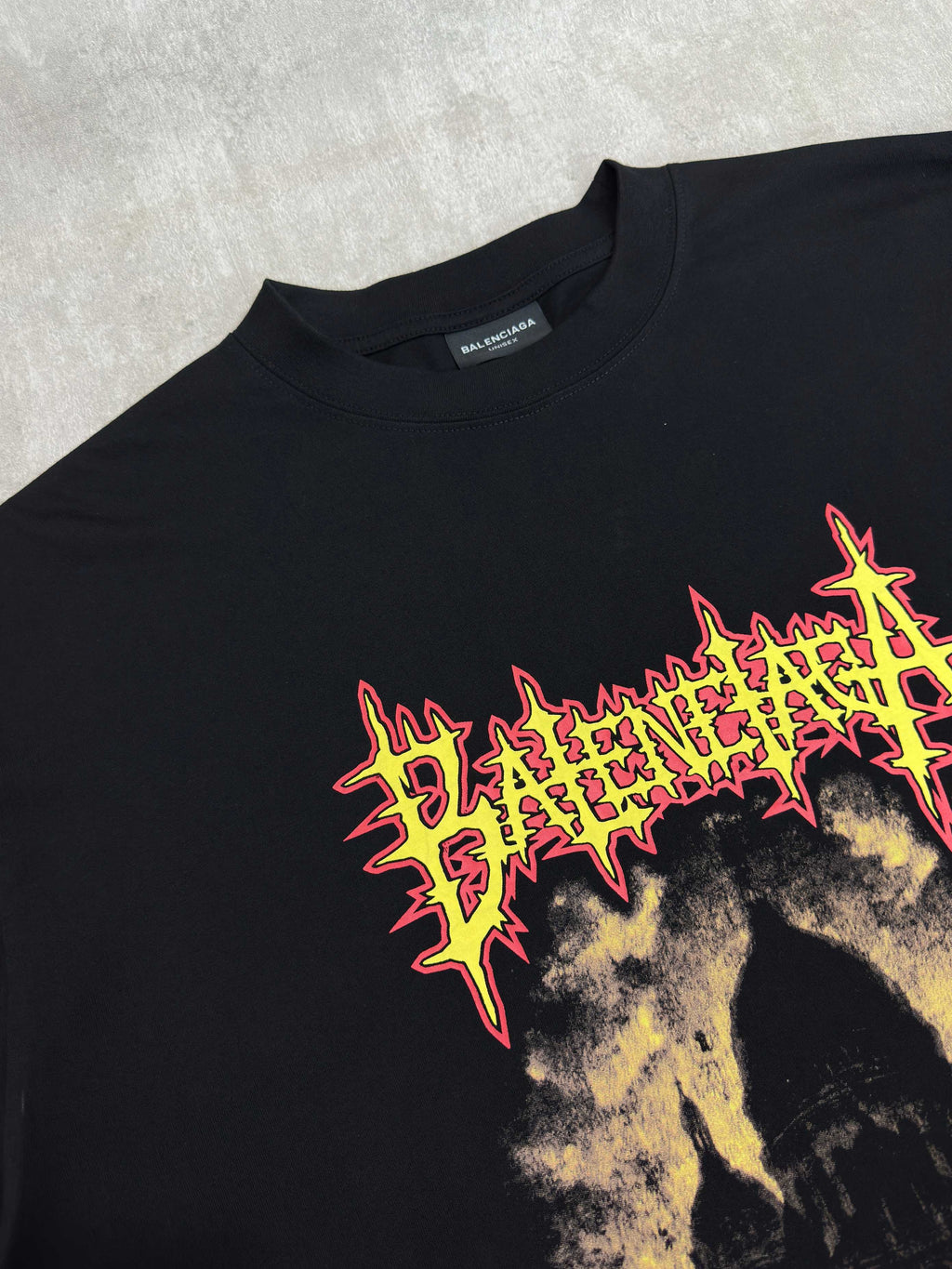 Balenciaga black crew-neck short-sleeve shirt with large distressed front graphic