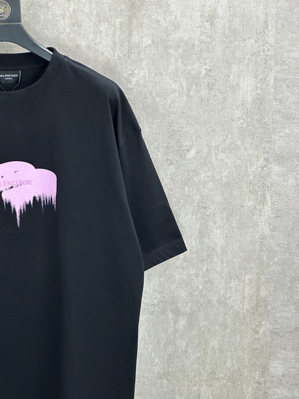 Balenciaga black crewneck T-shirt with partial purple dripping graphic